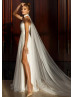 Halter Ivory Chiffon Tulle Slit Wedding Dress